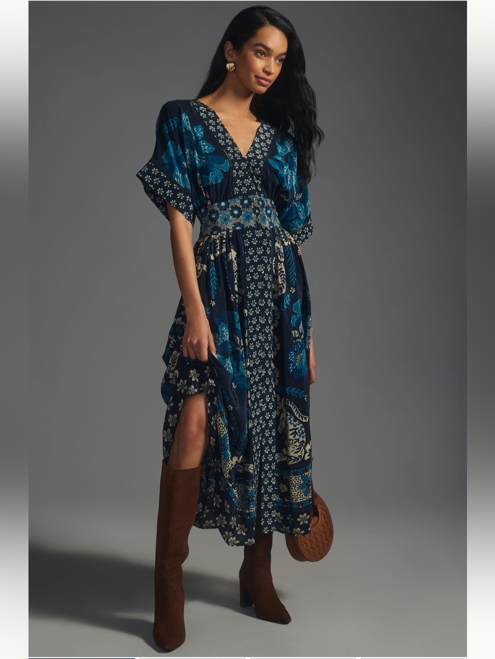 FARM RIO for Anthropologie Deep V Navy & Teal Floral Maxi Dress, Sz XS